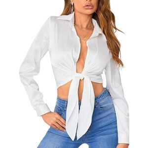Top Chic White Satin Tie Front Crop Top Long Sleeve Pearl Button Cuff (121)